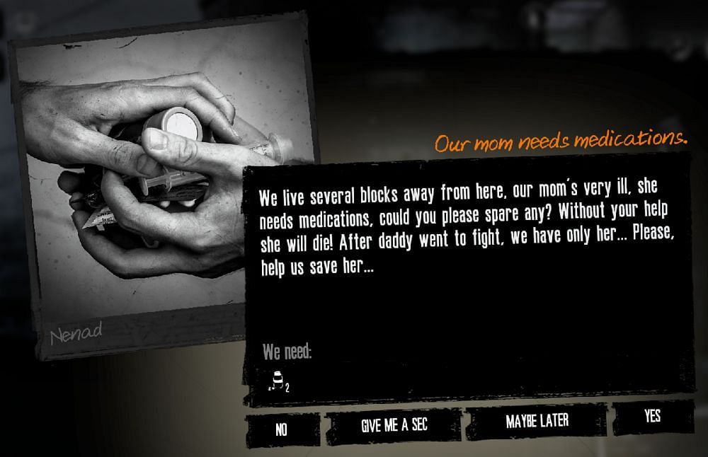 To give or not to give (Image via This War of Mine)