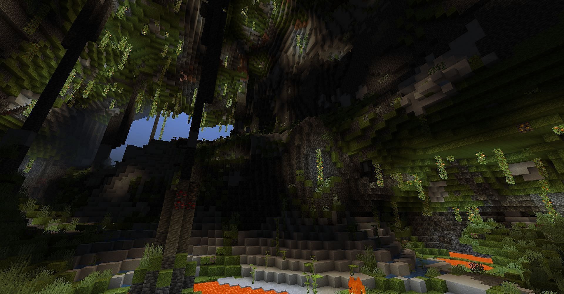 Las exuberantes cuevas son muy diversas en lo que respecta a la vida vegetal (Imagen a través de Mojang)