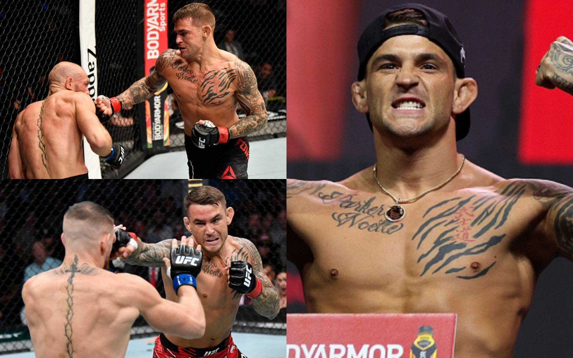 McGregor vs. Poirier at UFC 257 (top left); McGregor vs. Poirier at UFC 264 (bottom left); Dustin Poirier (right)