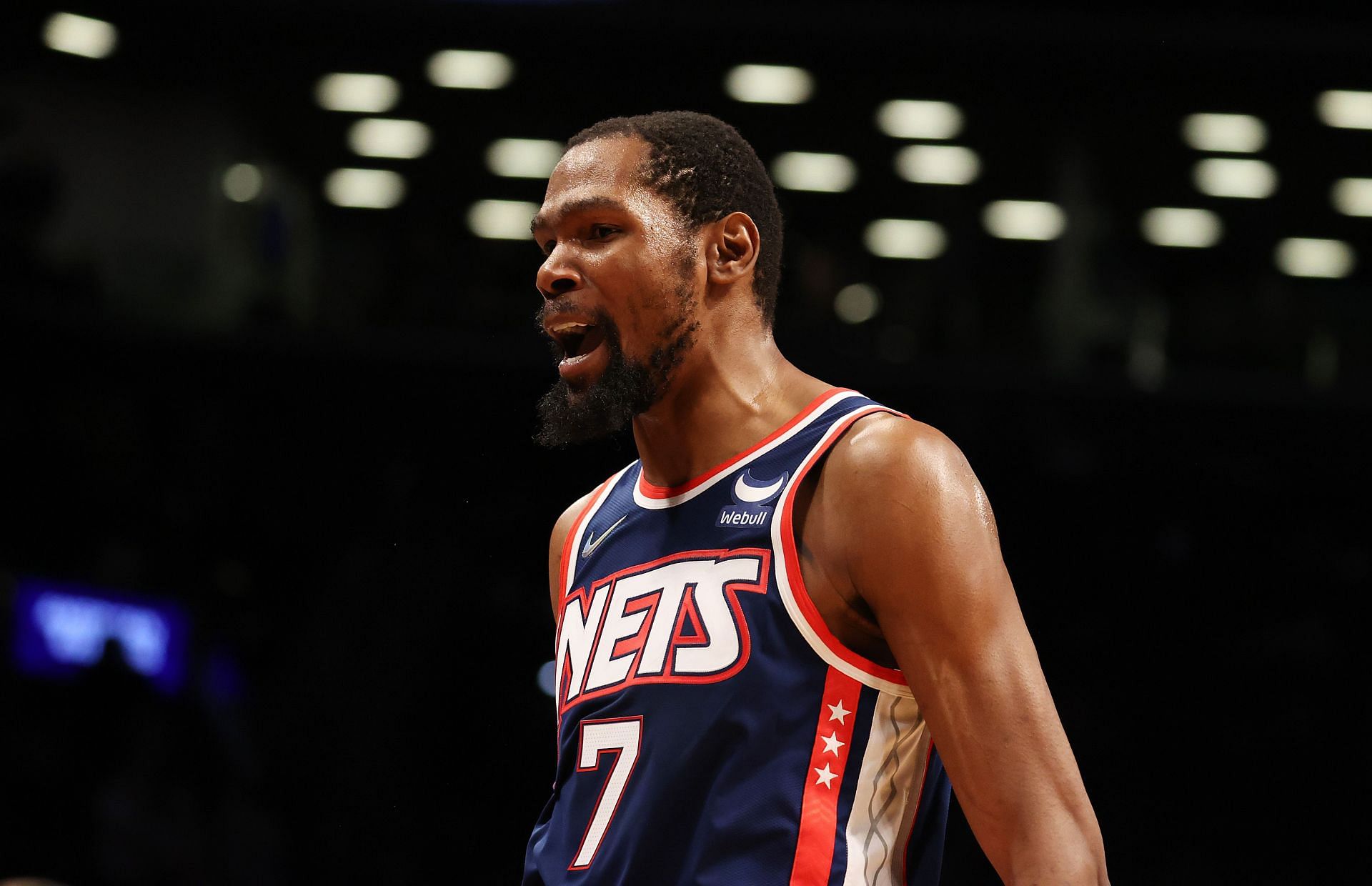 Kevin Durant #7 of the Brooklyn Nets celebrates a shot against the Philadelphia 76ers during their game at Barclays Center on December 16, 2021 in New York City.