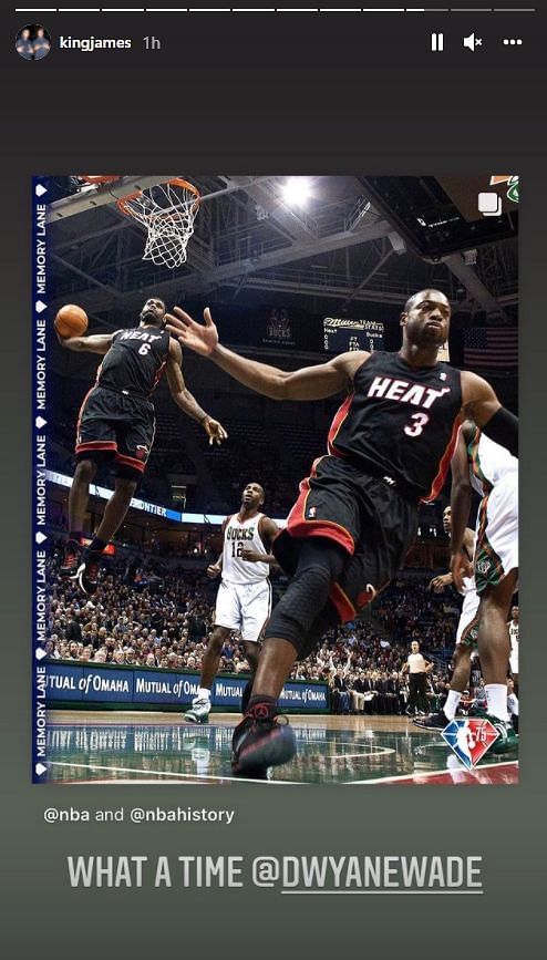 LeBron James hyping up the famous dunk with Miami Heat teammate Dwyane Wade