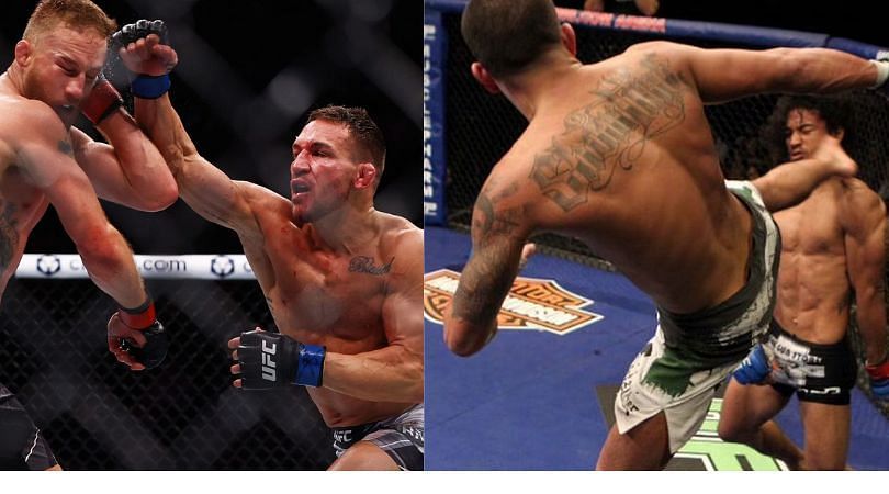 Michael Chandler punches Justin Gaethje at UFC 268 (left); Anthony Pettis landing the iconic &#039;Showtime&#039; kick (right)