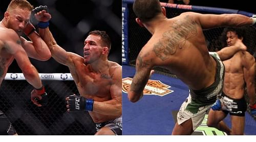 Michael Chandler punches Justin Gaethje at UFC 268 (left); Anthony Pettis landing the iconic 'Showtime' kick (right)