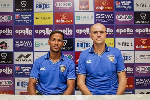 Chennaiyin FC coach Bozidar Bandovic (right) and defender Narayan Das attending a virtual press conference ahead of their ISL 2021-22 clash with SC East Bengal. [Credits: ISL]