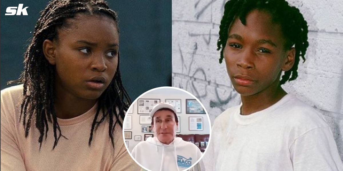 (l) Saniyya Sidney in the movie, a young Venus Williams (r) and Rick Macci (insert)