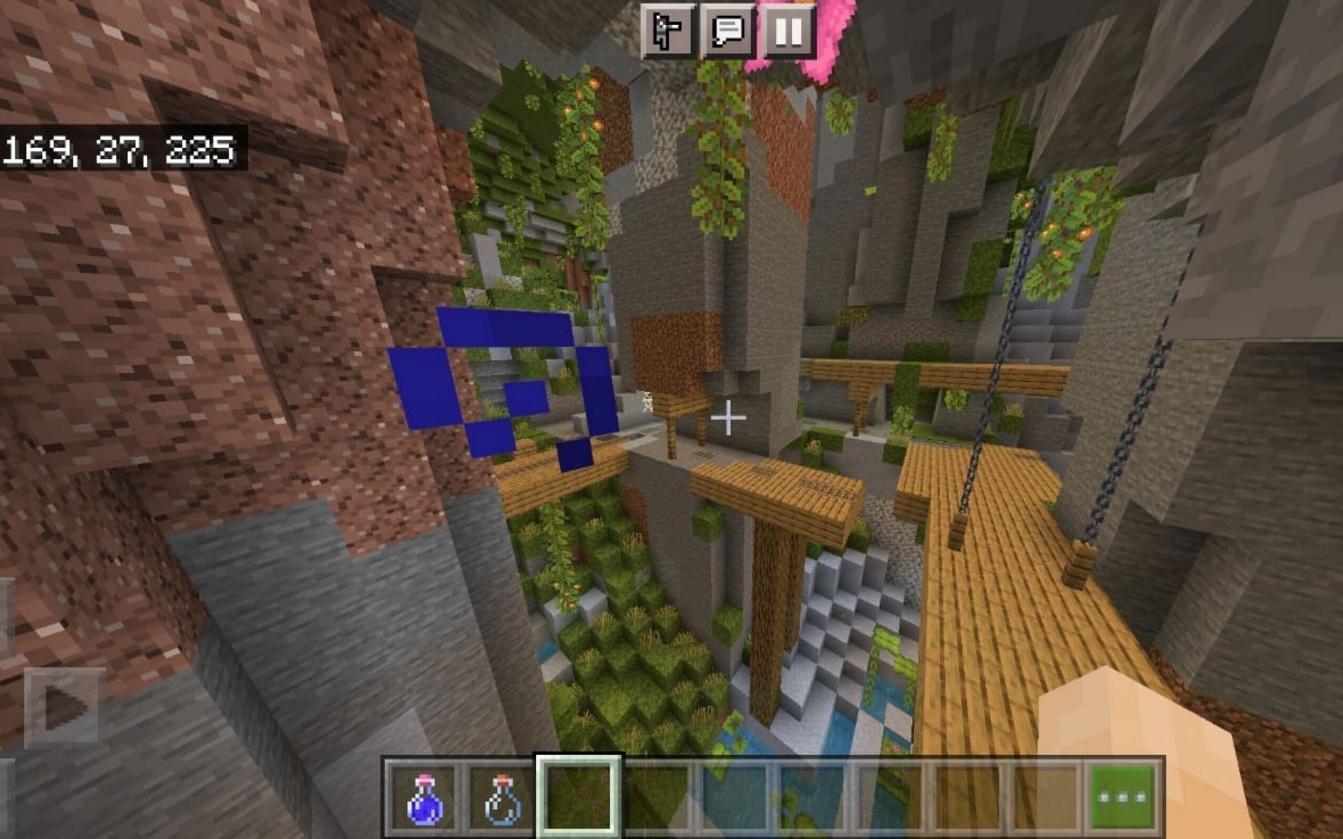Lush Caves Biome with a Mineshaft (Image via Minecraft)