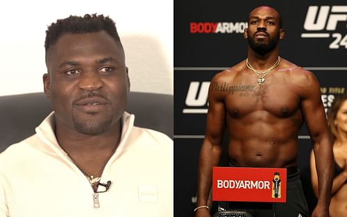 Francis Ngannou (left) via YouTube/FrancisNgannou; Jon Jones (right)