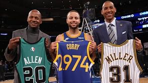 Watch: "I've been thinking about this number for a long time" - Ray Allen and Reggie Miller present Steph Curry with a special #2,974 jersey