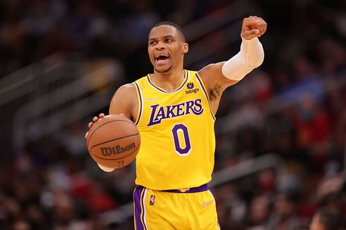 Russell Westbrook #0 of the LA Lakers calls a play during the second half against the Houston Rockets at Toyota Center on December 28, 2021 in Houston, Texas.