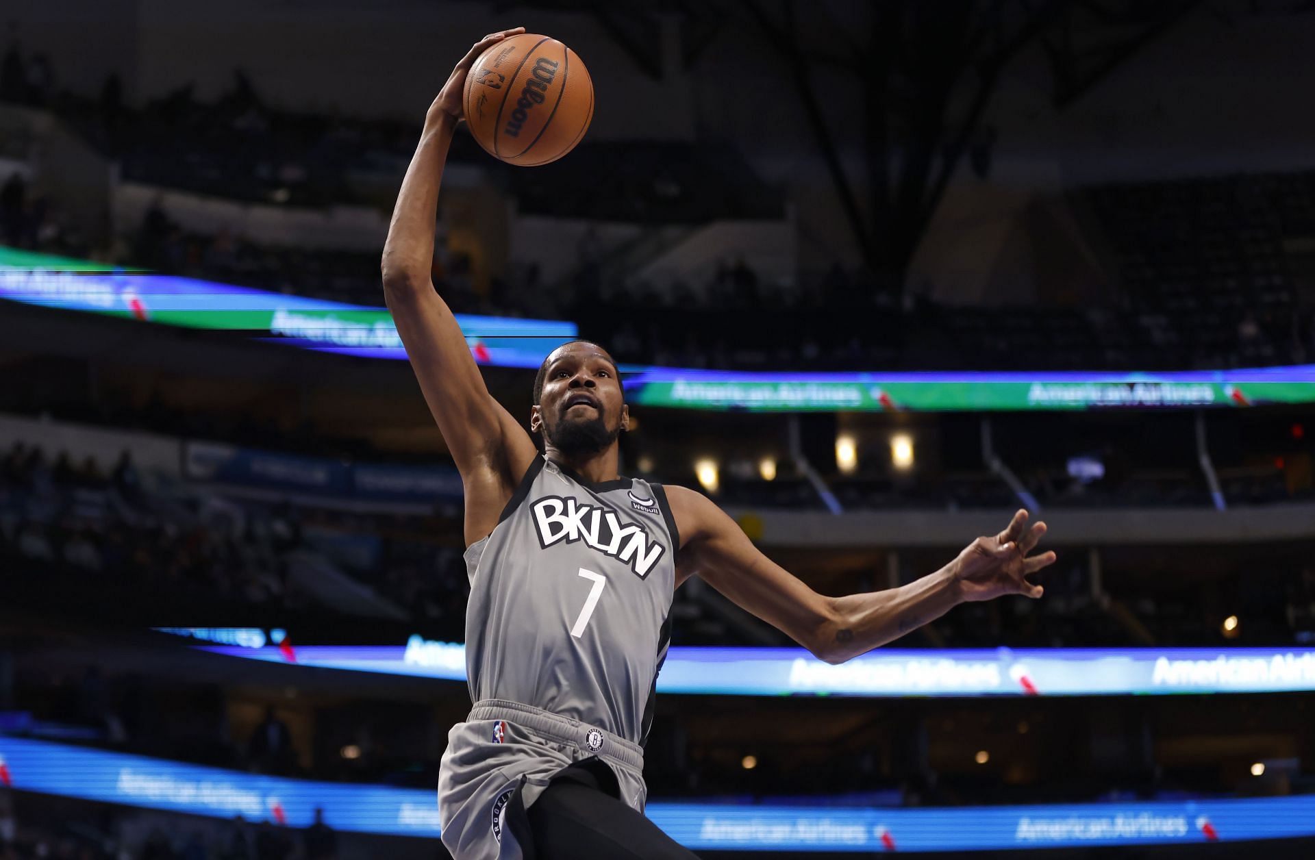 Kevin Durant dunks the ball during Brooklyn Nets v Dallas Mavericks