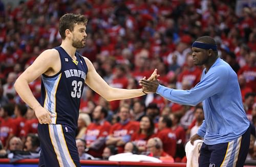 Marc Gasol #33 and Zach Randolph #50 of the Memphis Grizzlies celebrate during the fourth quarter against the Los Angeles Clippers during Game Five of the Western Conference Quarterfinals of the 2013 NBA Playoffs at Staples Center on April 30, 2013 in Los Angeles, California. The Grizlies won 103-93.