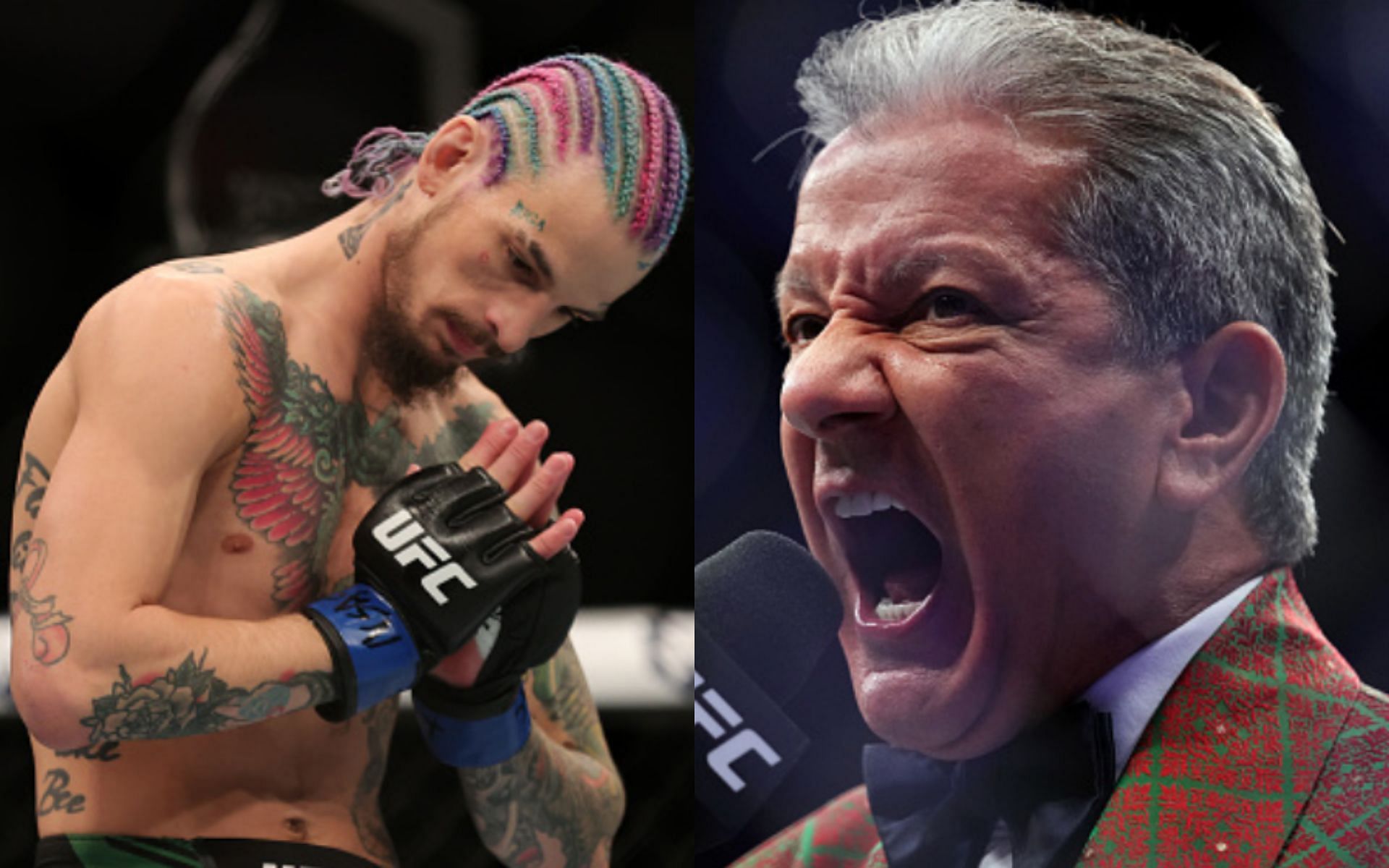 Sean O&#039;Malley at UFC 269 (left); Bruce Buffer (right)