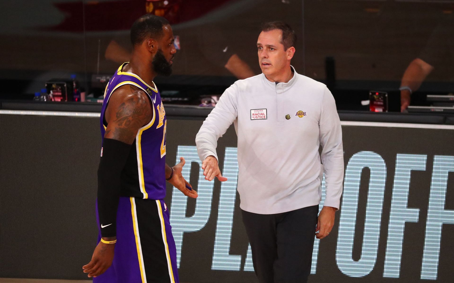 Los Angeles Lakers player LeBron James and head coach Frank Vogel