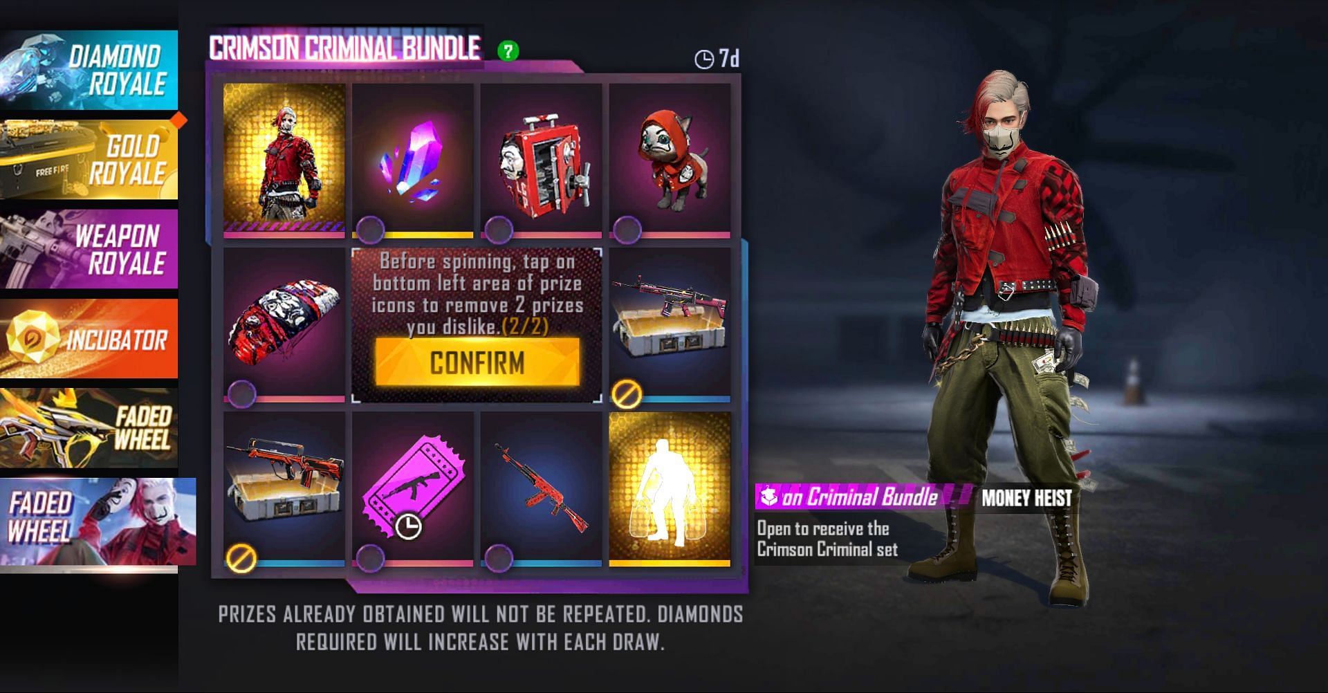 You can draw rewards after removing two items from the pool (Image via Free Fire)