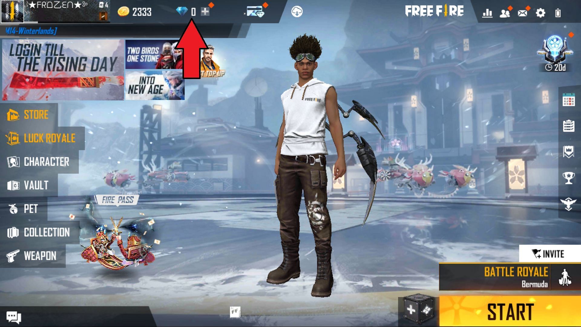 Tap on the diamond icon to visit the in-game top-up center in Free Fire (Image via Free Fire)