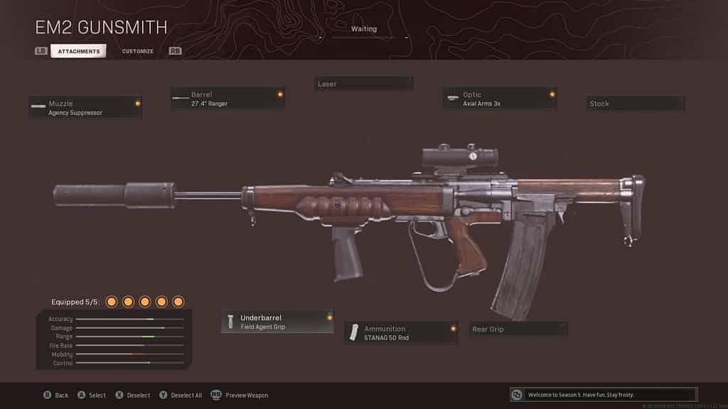 Uma olhada no menu EM2 Gunsmith.  (Imagem via Activision)
