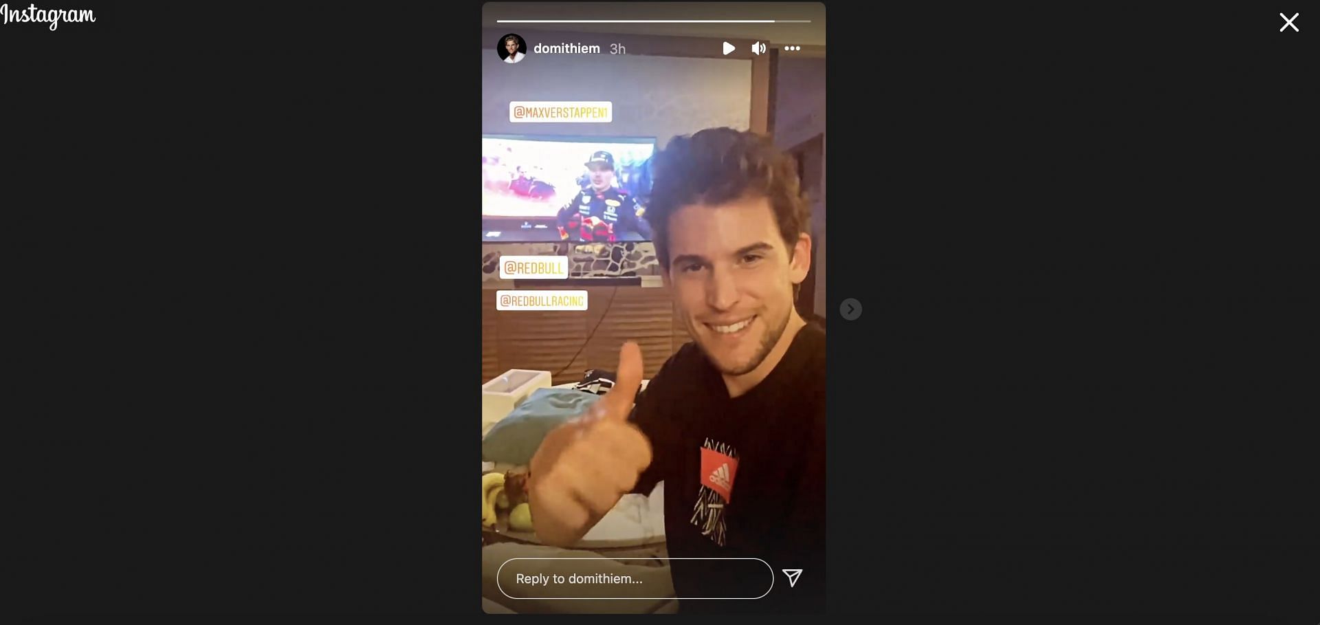 Dominic Thiem congratulating Max Verstappen through his Instagram Story