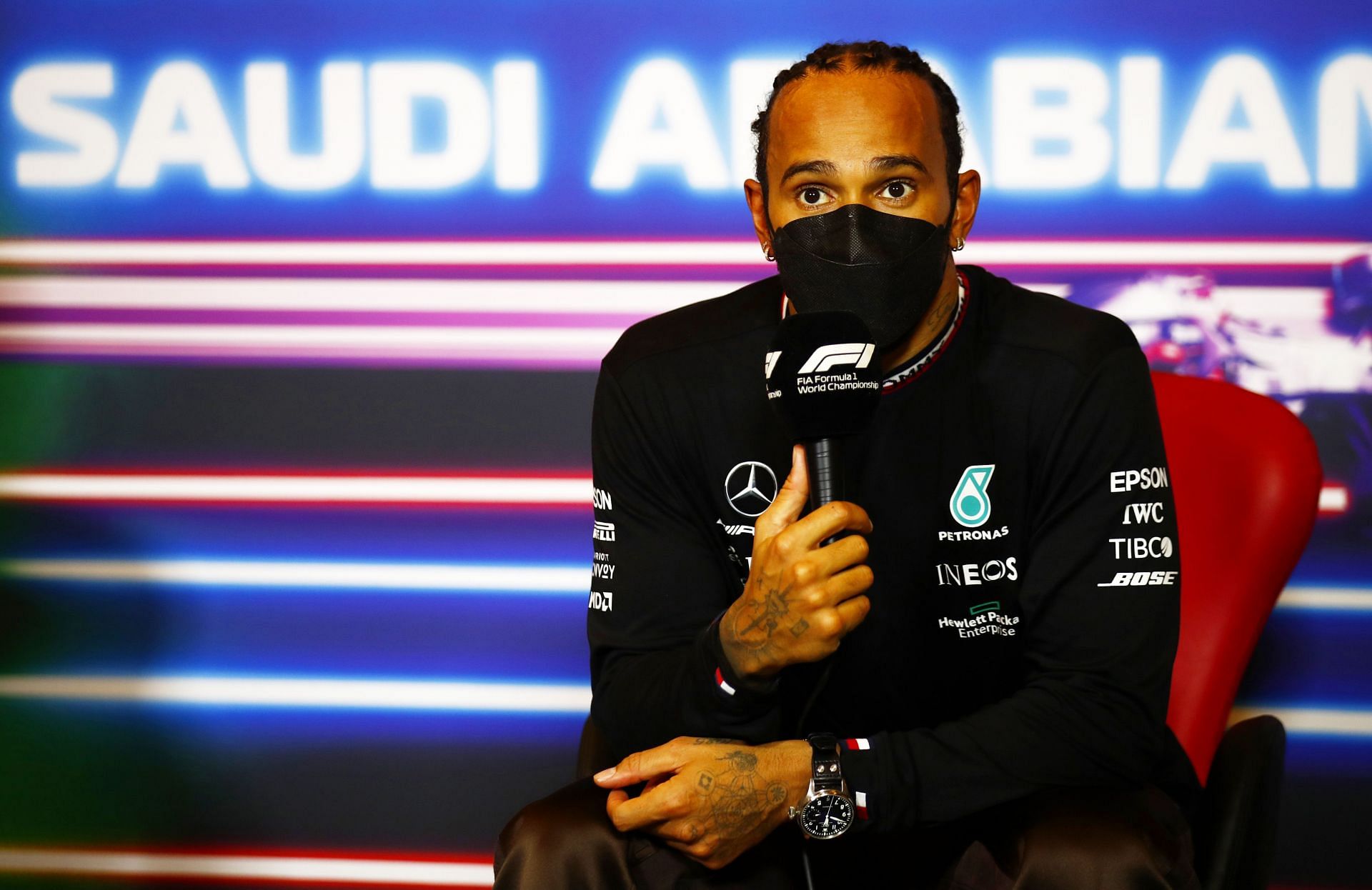 Lewis Hamilton speaks in the post-race press conference in Saudi Arabia. (Photo by Sam Bloxham - Pool/Getty Images)