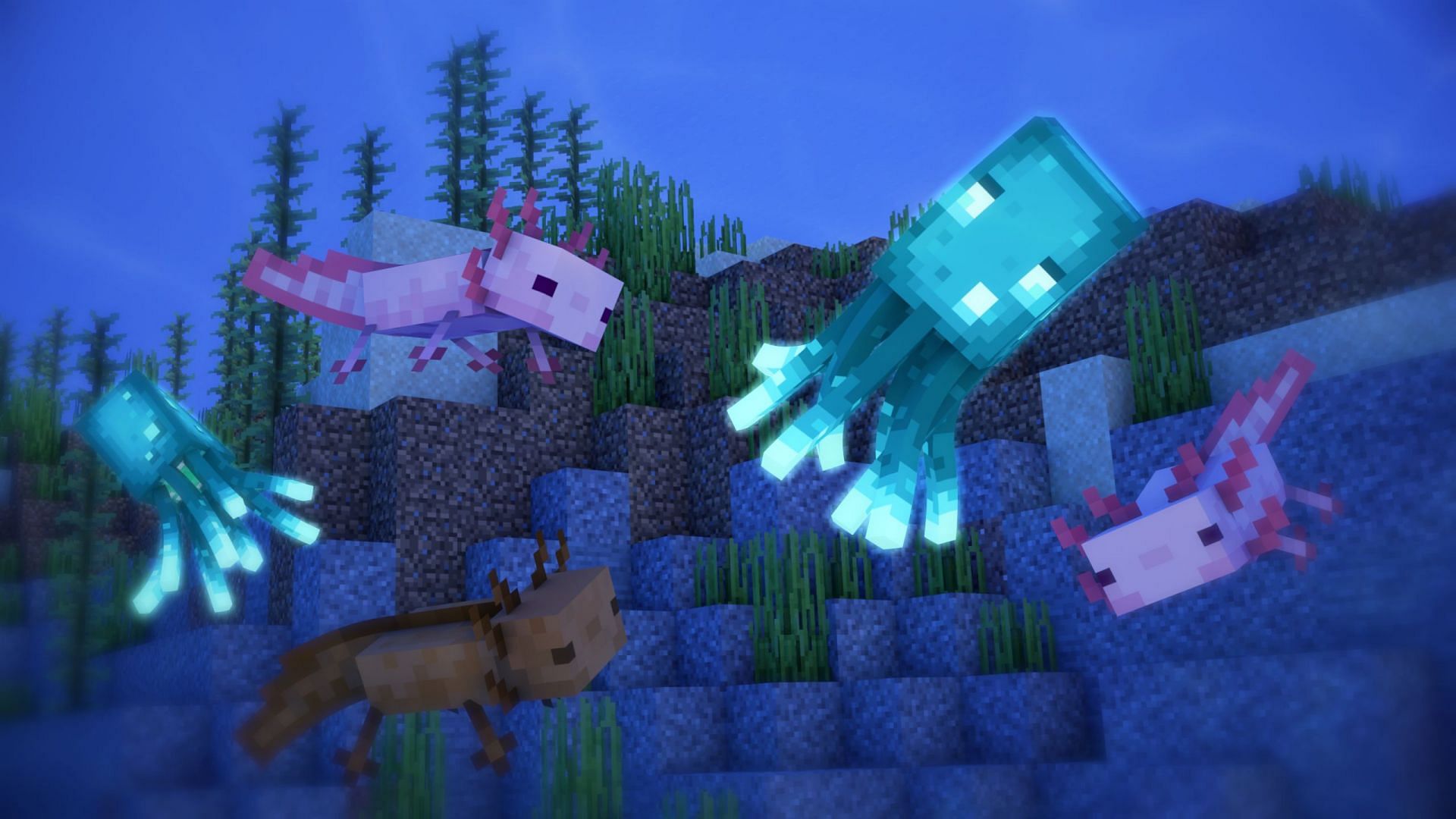 Glow squids swimming with axolotls (Image via Minecraft)