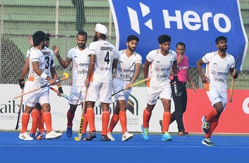 The Indian men's hockey team celebrate a goal against Japan. (PC: Hockey India)