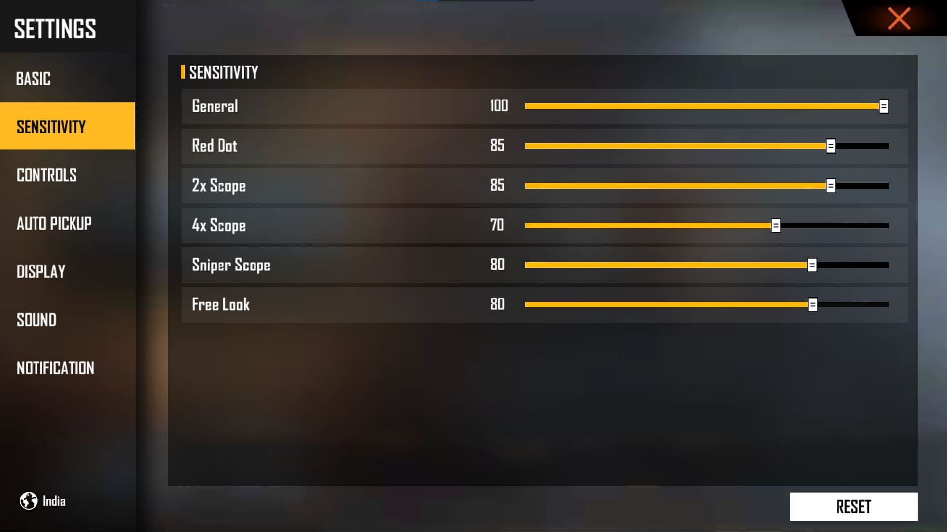 Sensitivity settings in the game should be on the higher ends (Image via Free Fire)