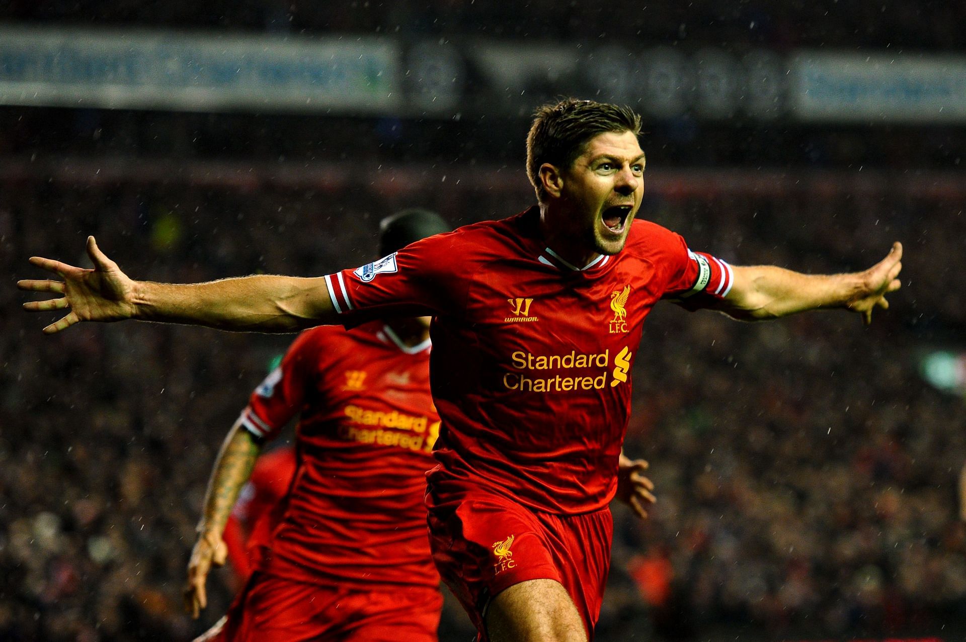 Steve Gerrard celebrates one of his 185 goals for Liverpool.