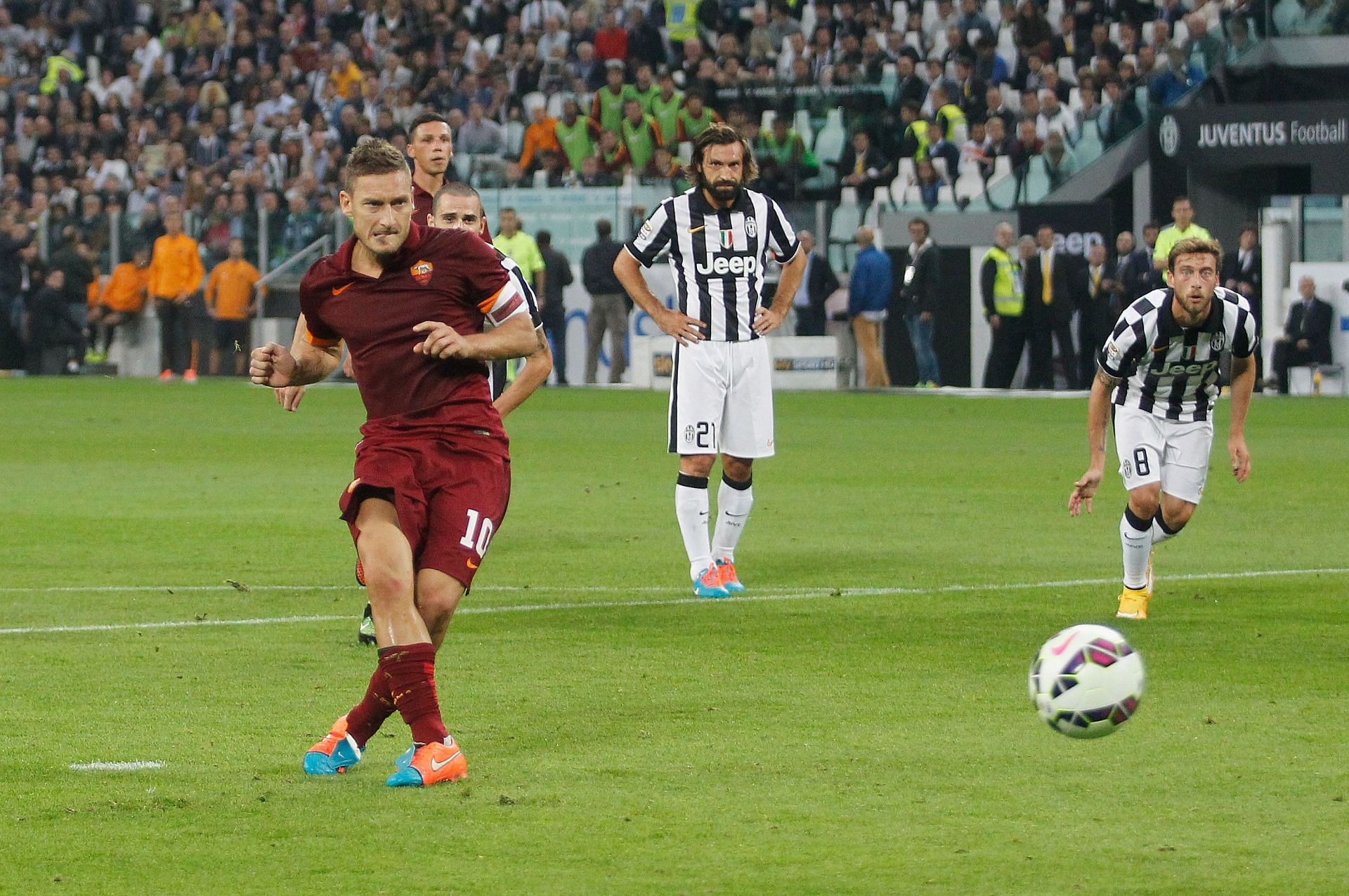 AS Roma&#039;s Francesco Totti (#10) scores a penalty against Juventus.