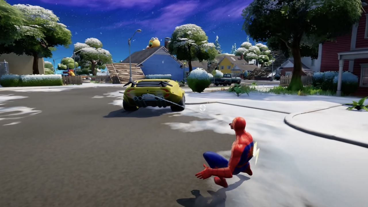 Spider-Man can surf behind cars with the Mythic Web Shooters (Image via Epic Games)