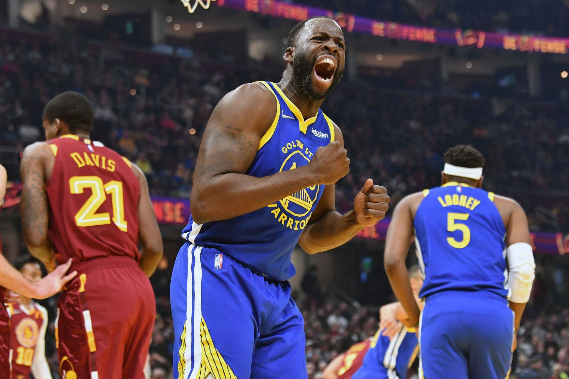 Draymond Green #23 of the Golden State Warriors reacts after scoring during the first half against the Cleveland Cavaliers 