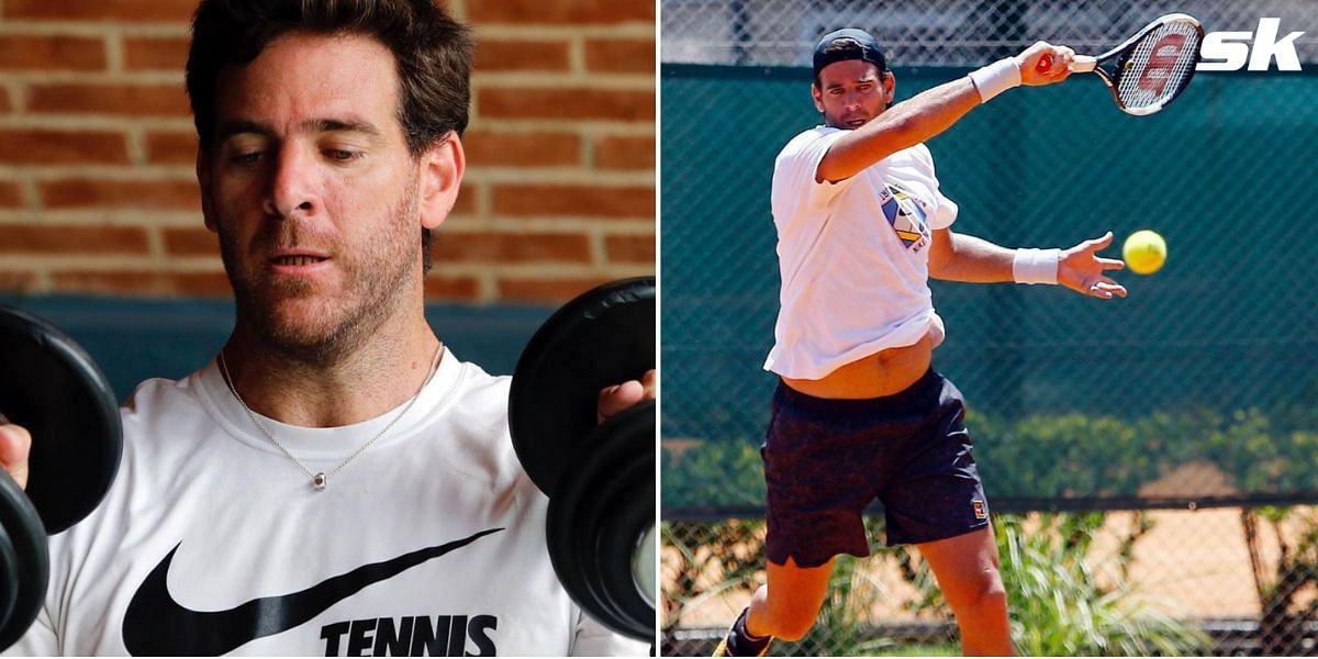 Juan Martin Del Potro in the gym (L) and hitting a forehand (R)