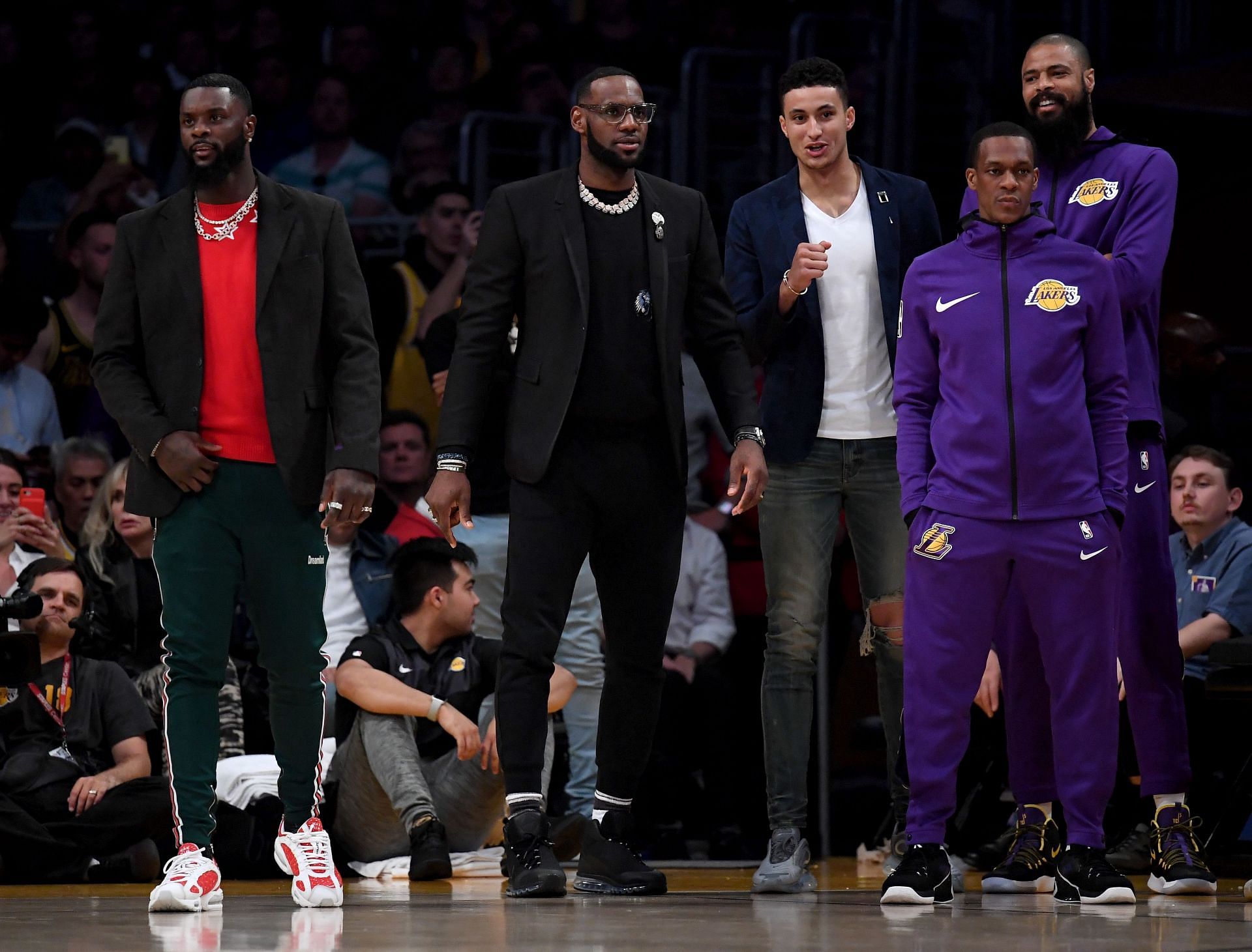 L-R Lance Stephenson #6, LeBron James #23, Kyle Kuzma #0, Rajon Rondo #9 and Tyson Chandler #5 of the Los Angeles Lakers