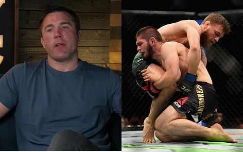 Chael Sonnen (left); Conor McGregor vs. Khabib Nurmagomedov (right) [Left photo via: youtube.com]