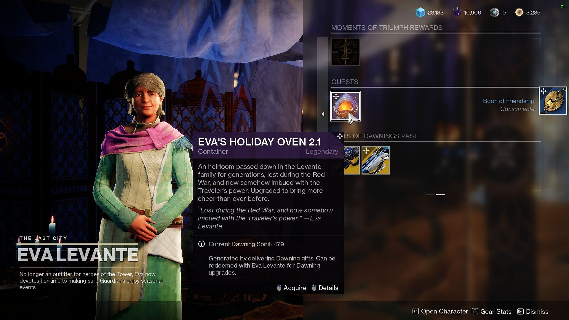 Eva Levante Dawning 2021 inventory at the Tower (Image via Bungie)