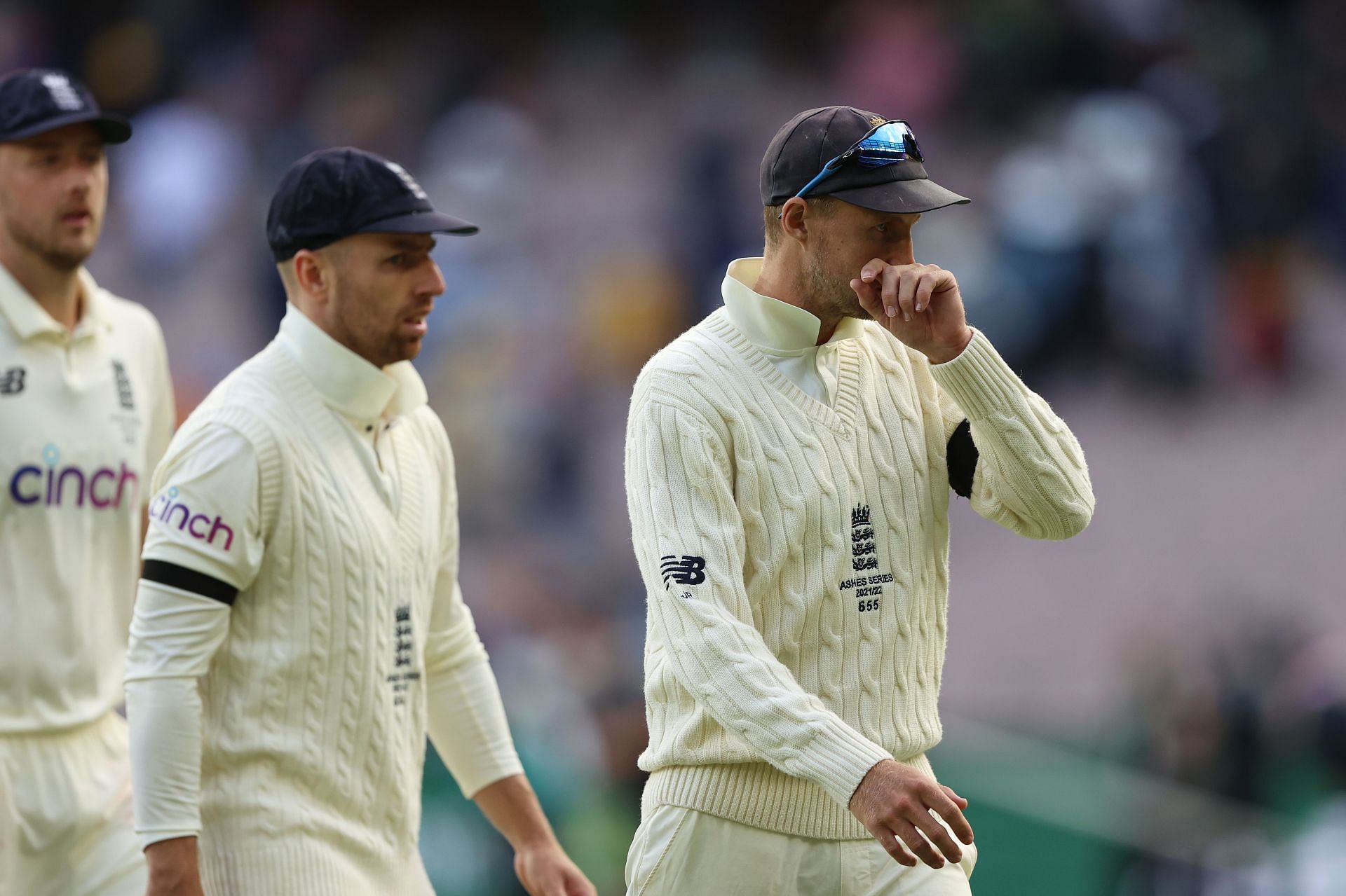 Joe Root (R) leaves the field after Day 1 of 3rd Ashes Test. Pic: Getty Images