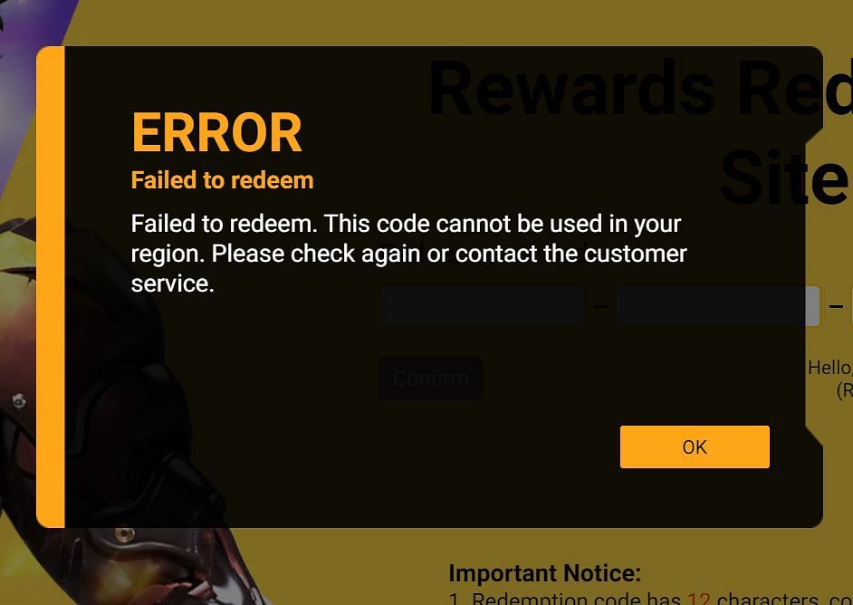 This error will appear if the code isn&#039;t for the respective server (Image via Free Fire)