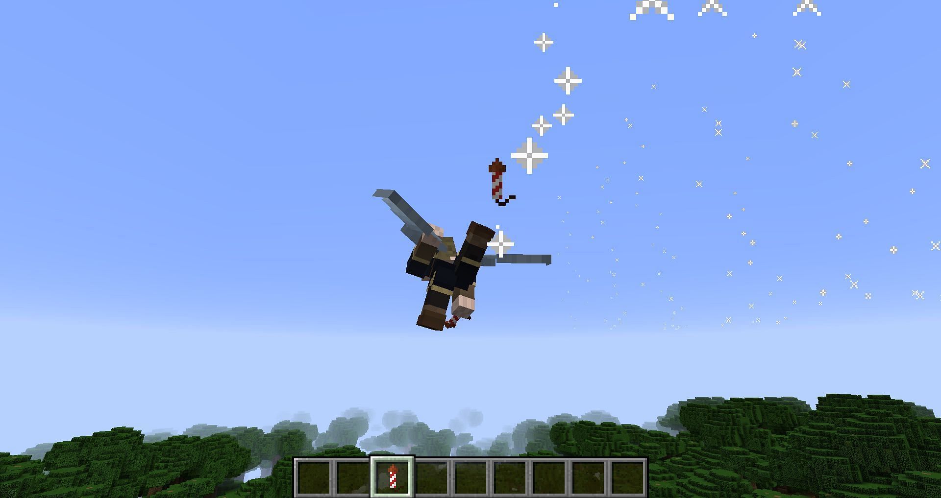 Flying with the help of Elytra and firework rockets (Image via Minecraft)