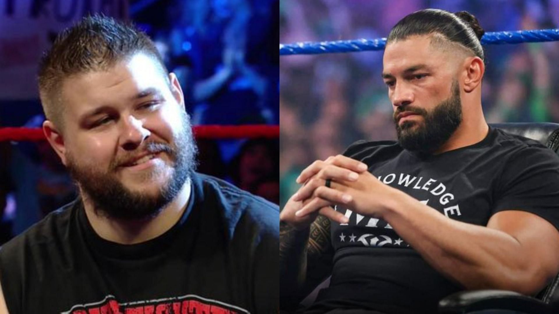 Kevin Owens (left); Roman Reigns (right)