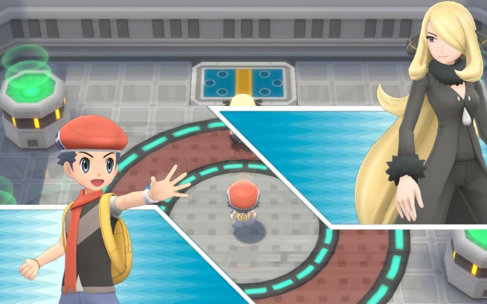 A trainer starting a battle with Cynthia in Pokemon Brilliant Diamond and Shining Pearl (Image via ILCA)