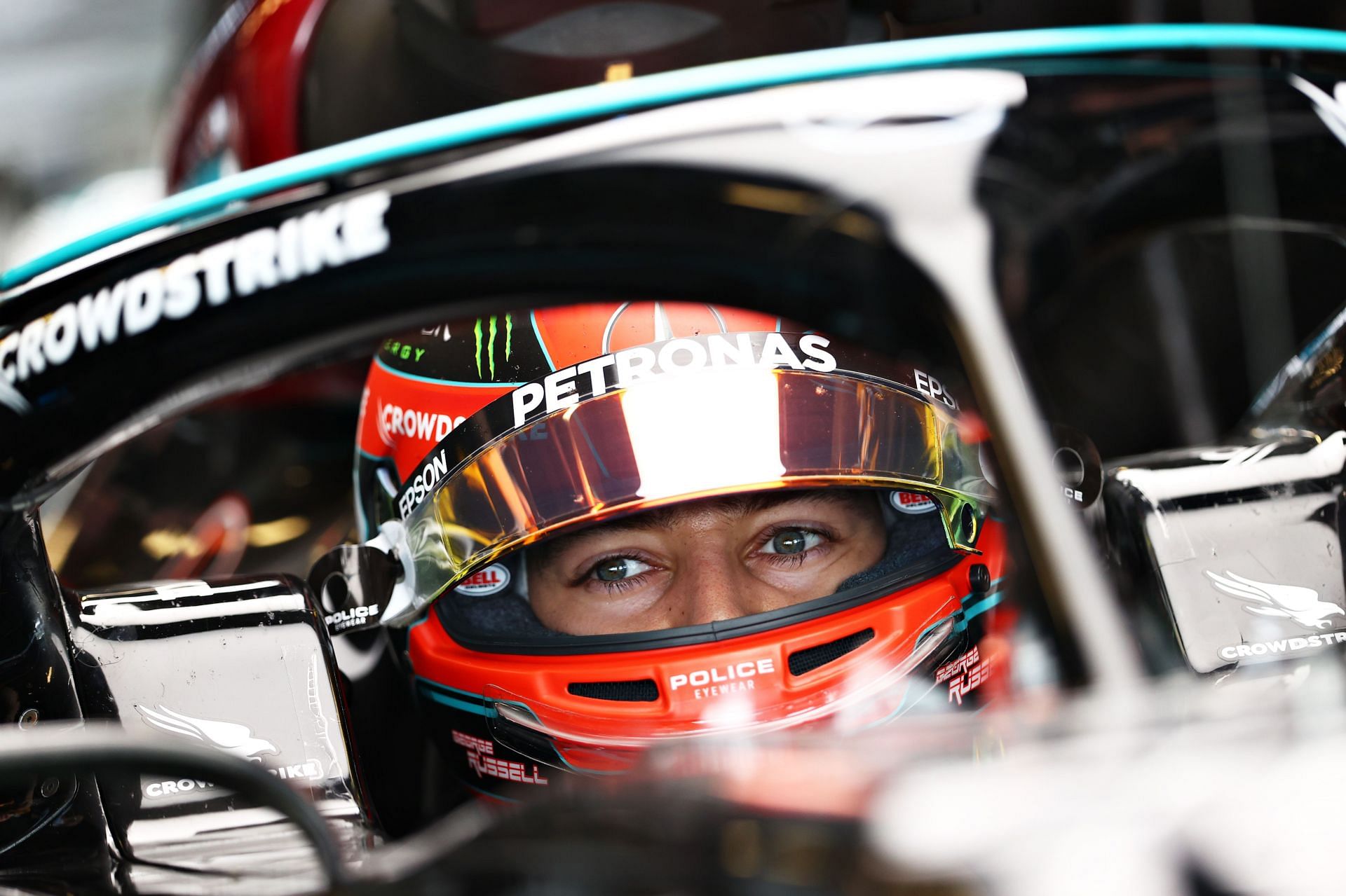 George Russell in the cockpit of the Mercedes W12 at the post-season test in Abu Dhabi