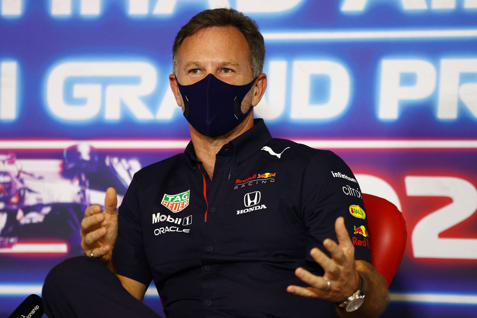 Red Bull Racing Team Principal Christian Horner talks in the team principals&#039; press conference ahead of the 2021 Abu Dhabi Grand Prix. (Photo by Bryn Lennon/Getty Images)