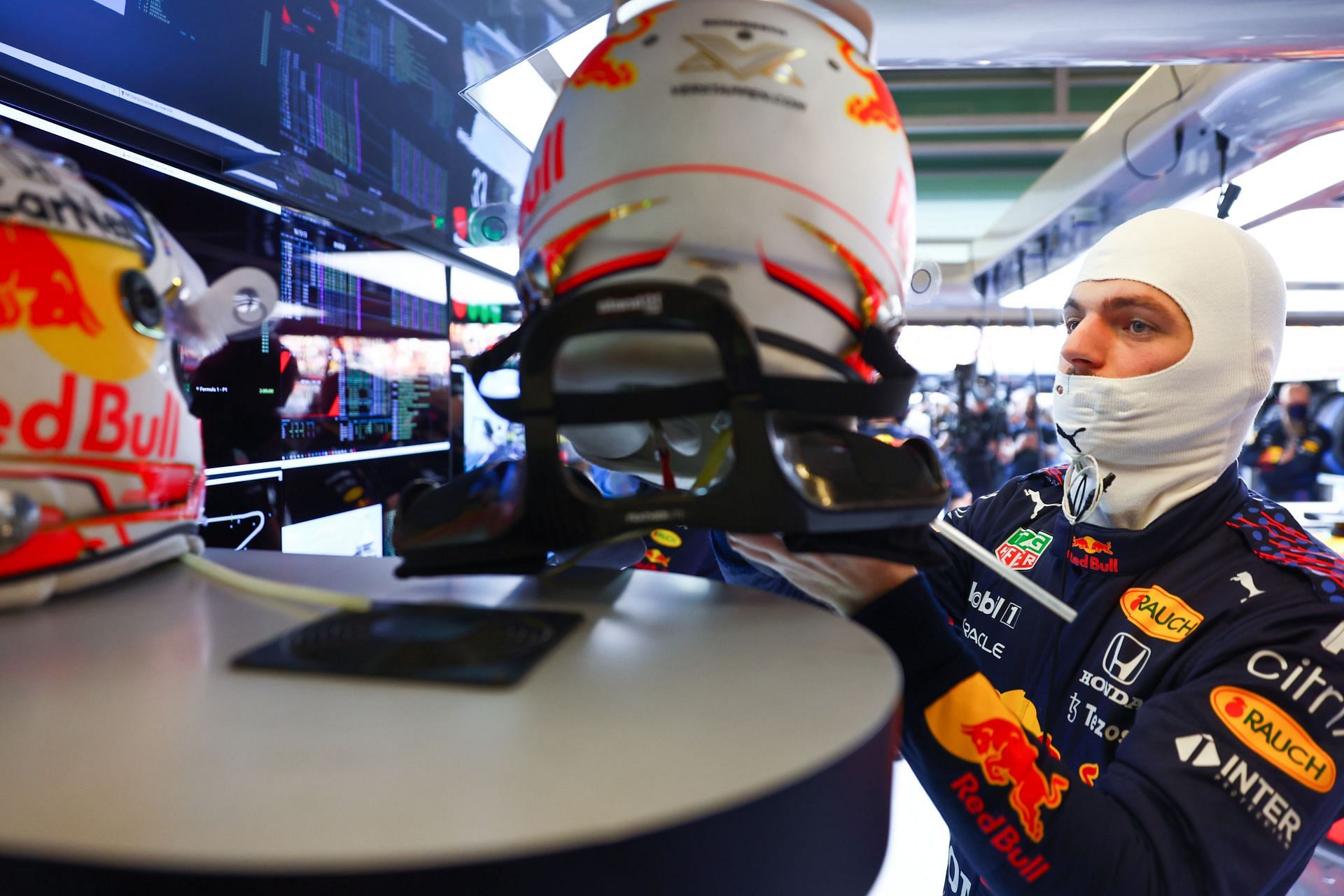 Max Verstappen prepares in the garage ahead of the 2021 Abu Dhabi GP. (Photo by Mark Thompson/Getty Images)