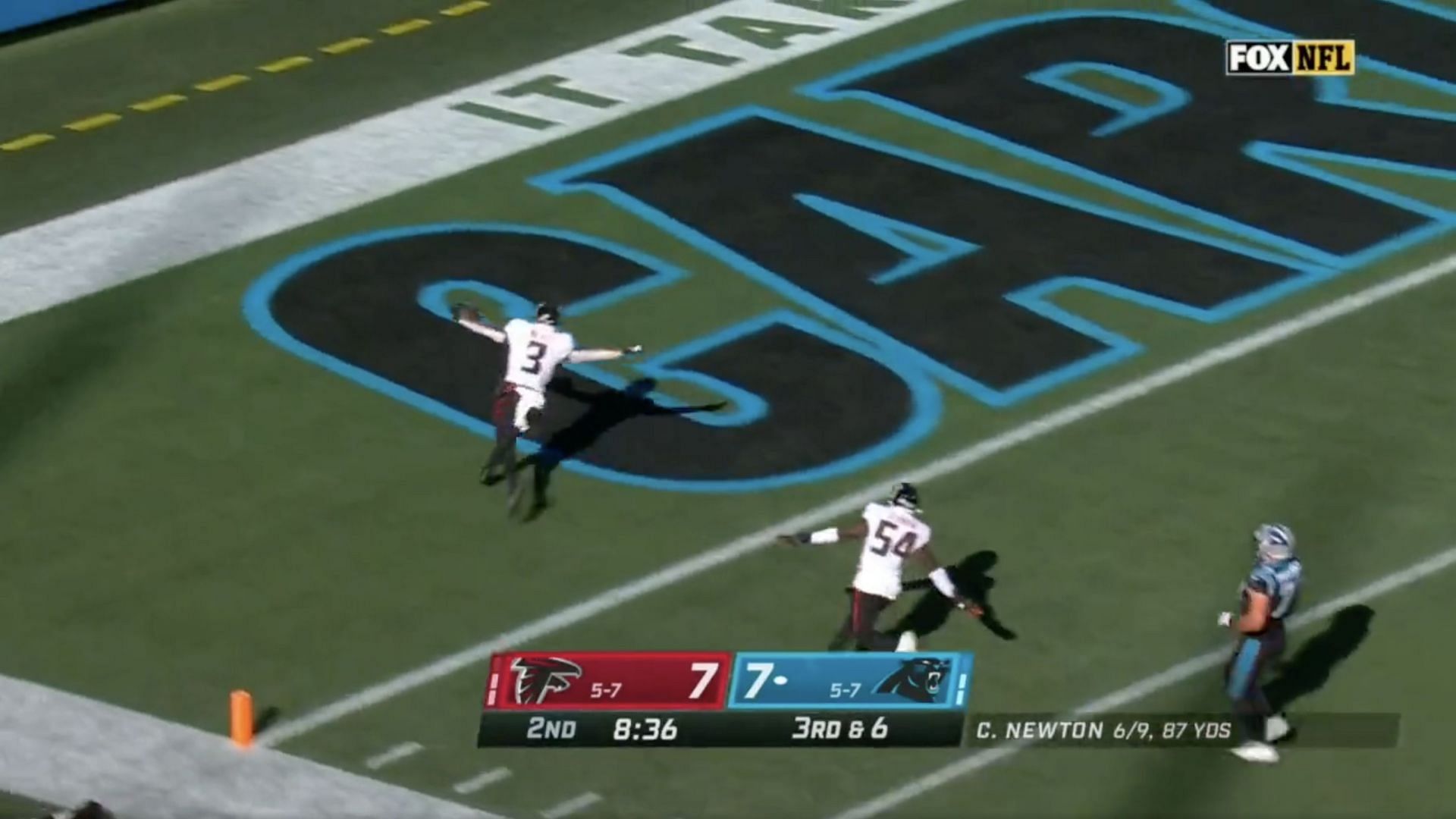 Atlanta Falcons Michael Walker intercepts Cam Newton for a touchdown.