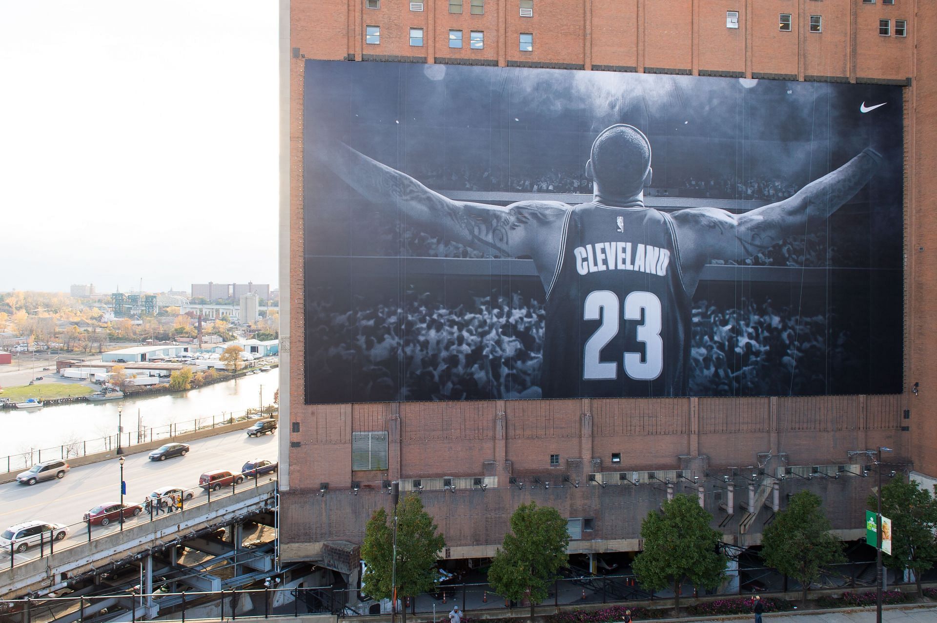 A Nike advertisement of Lebron James of the Cleveland Cavaliers is seen on the Landmark Office Towers building on October 30, 2014 in Cleveland, Ohio.