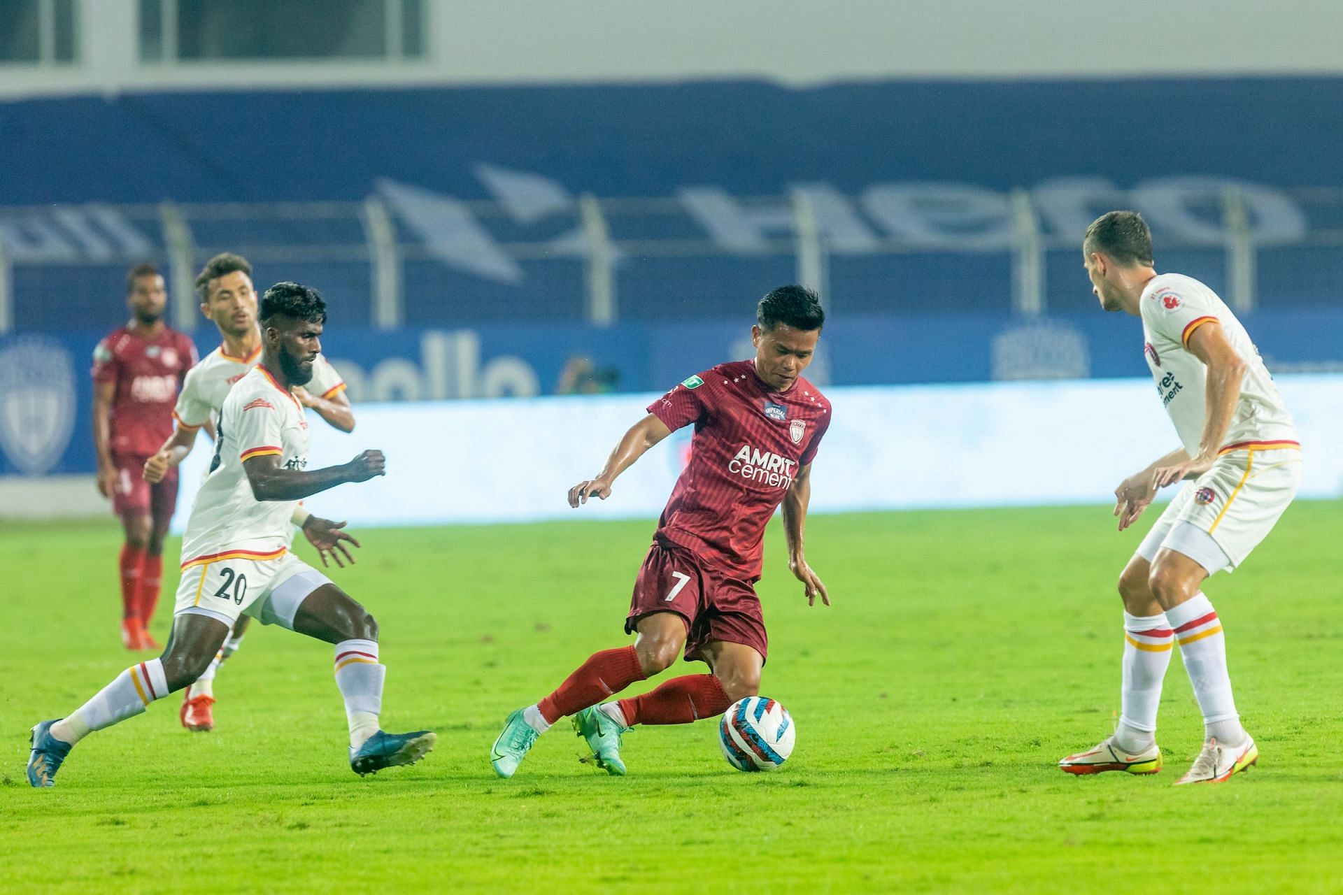 NEUFC&#039;s Rochharzela surrounded by SCEB players during the game. (Image Courtesy: ISL Media)
