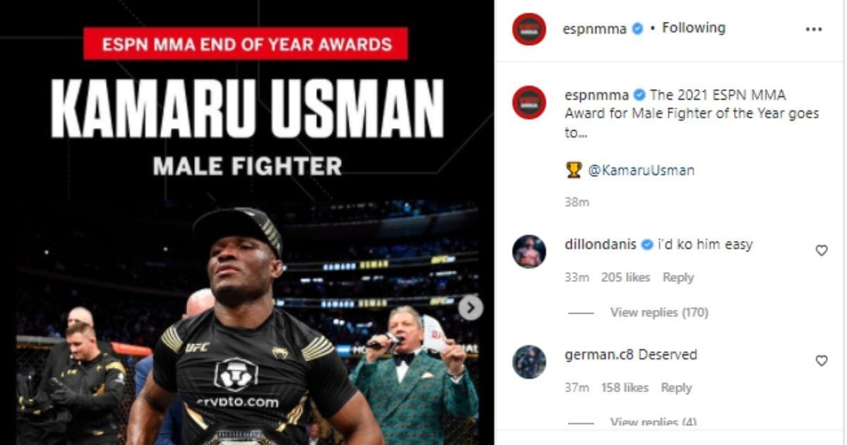 UFC News Dillon Danis reacts to Kamaru Usman being crowned ESPN MMA's