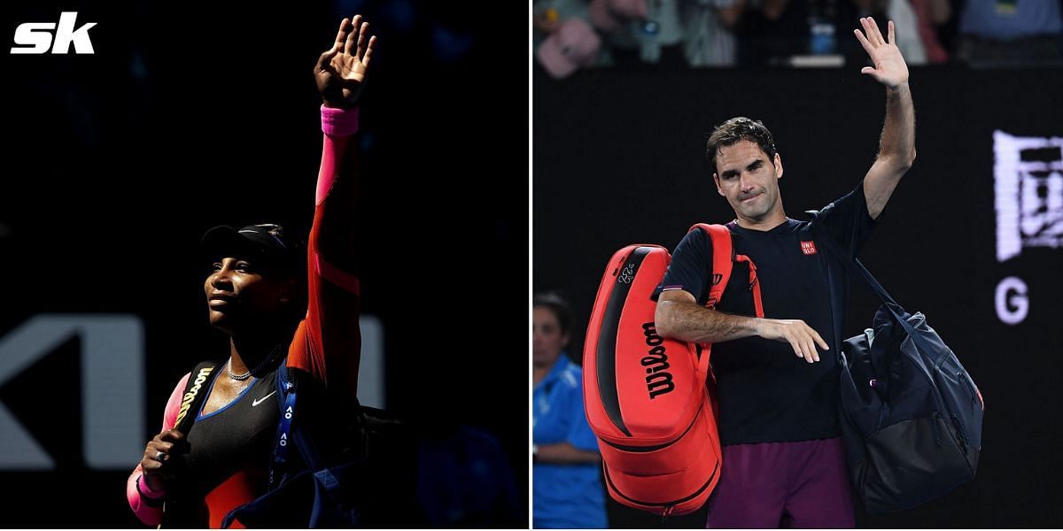 (L-R) Serena Williams and Roger Federer wave to the crowd after their most recent Australian Open matches