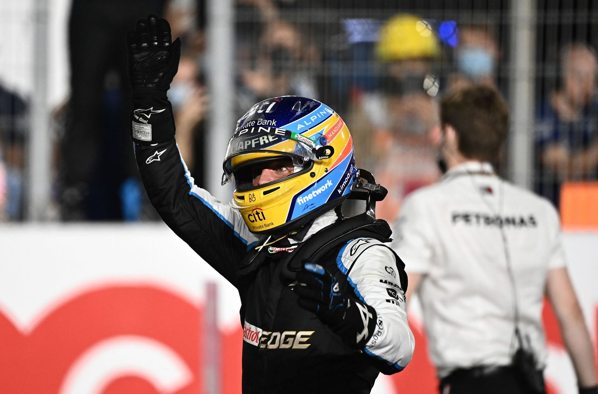 Fernando Alonso celebrates his podium in Qatar (Photo by Clive Mason/Getty Images)