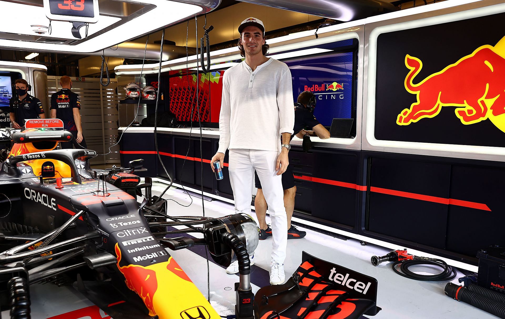 Stefanos Tsitsipas in the Red Bull Racing garage at the F1 Grand Prix of Abu Dhabi
