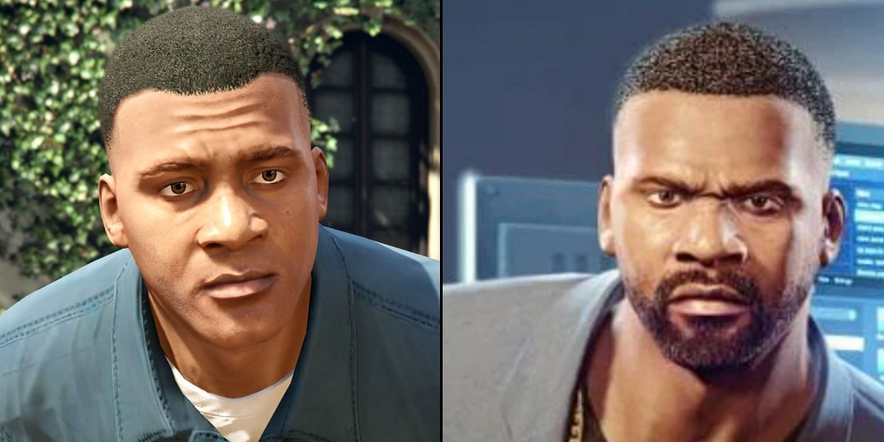 Franklin&#039;s look at the start of GTA 5 and how he looks in GTA Online (Image via Rockstar Games)