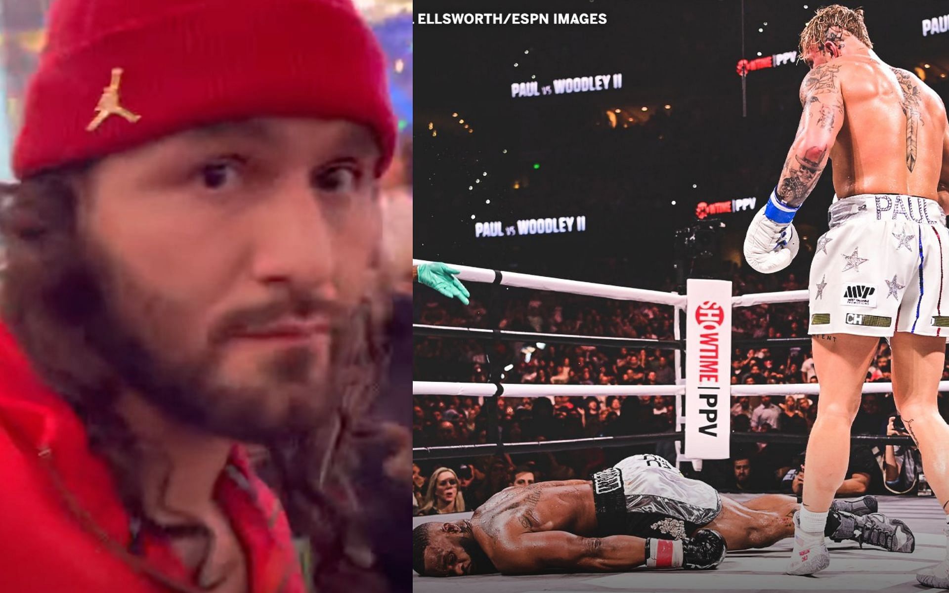 Jorge Masvidal (left), Jake Paul vs Tyron Woodley 2 (right) [Credits: @fighthubtv via YouTube, @SportsCenter via Twitter]